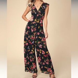 NWT Lula’s Blooming Love Black Floral Print Ruffled Jumpsuit XS